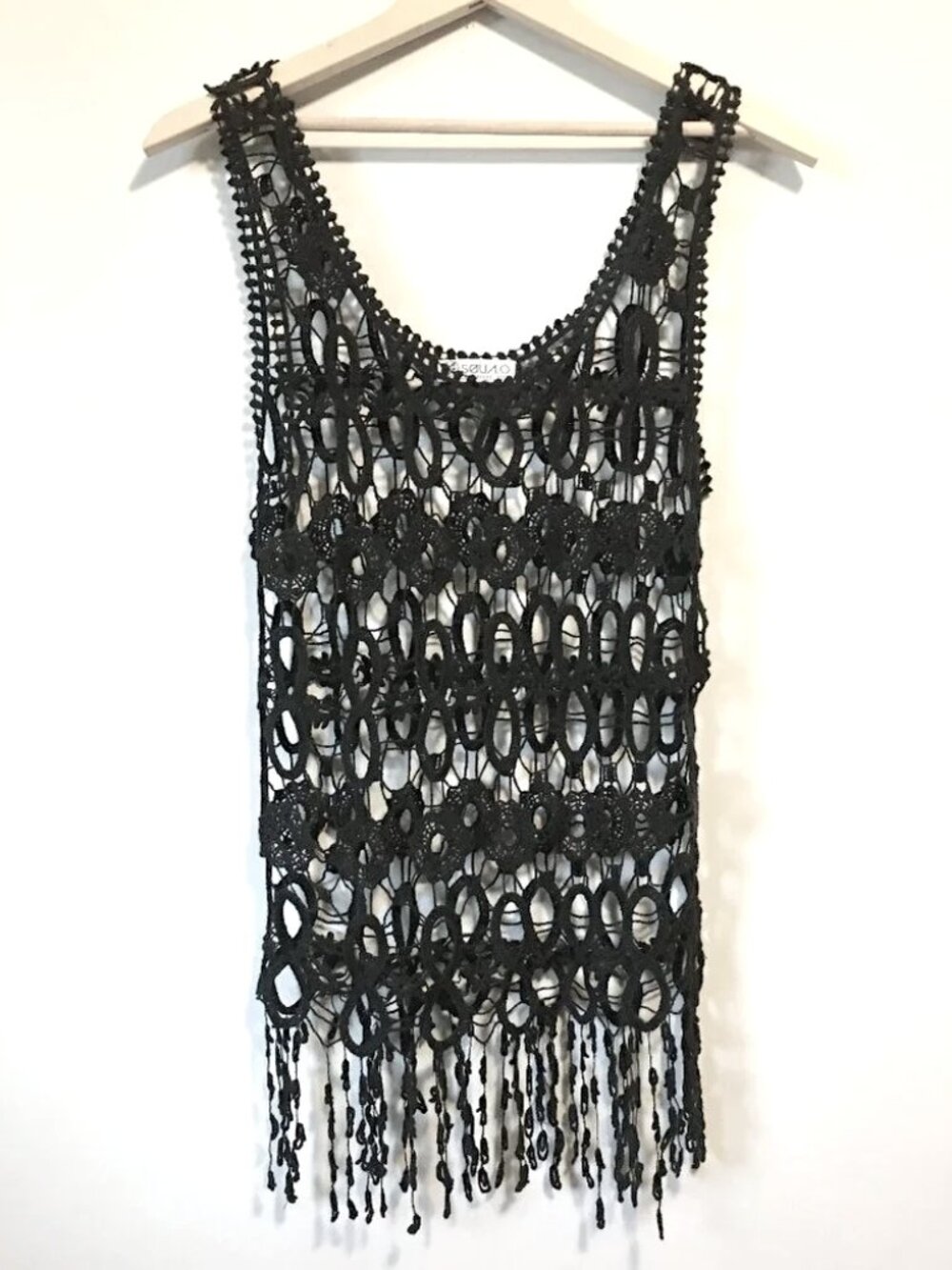 VTG Y2K Squalo Black Loose Crochet Lace Sleeveless Top Size S Surf Goth
